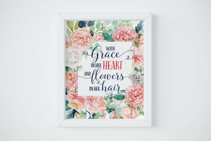 With Grace in Her Heart and Flowers in Her Hair, Pink Green Nursery Art Decor