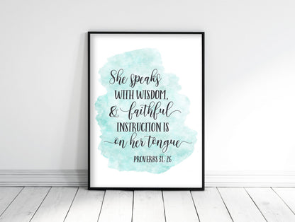 She Speaks with Wisdom Proverbs 31:26, Teacher Appreciation Gift, Bible verse Wall Art Quotes