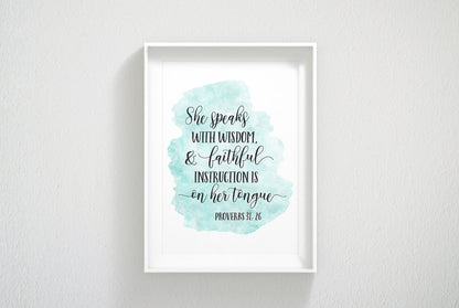 She Speaks with Wisdom Proverbs 31:26, Teacher Appreciation Gift, Bible verse Wall Art Quotes