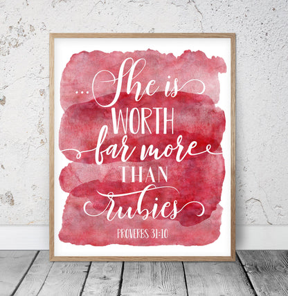 She's Worth Far More Than Rubies, Proverbs 31:10, Bible Verse Printable, Christian Wall Art