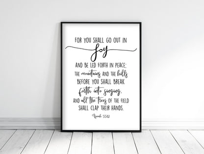 For You Shall Go Out In Joy, Isaiah 55:12, Bible Verse Printable, Lutheran Art, Wall Art Decor