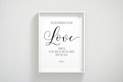 God demonstrates his own love, Romans 5:8 Bible Verse Printable Wall Art,Nursery Bible Quotes