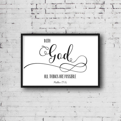 With God All Things Are Possible, Matthew 19:26, Bible Verse Print Wall Art, Nursery Bible Quotes