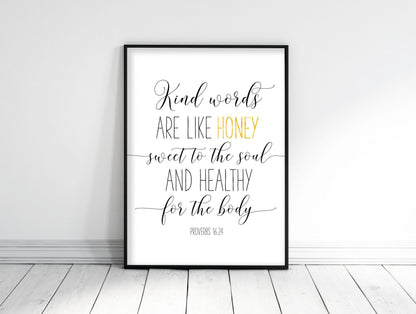 Kind Words Are Like Honey, Proverbs 16:24, Bible Verse Printable Wall Art,Nursery Wall Art