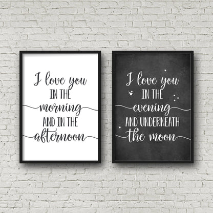Set of 2, I Love You In The Morning & Afternoon, Nursery Prints, Kids Room Decor