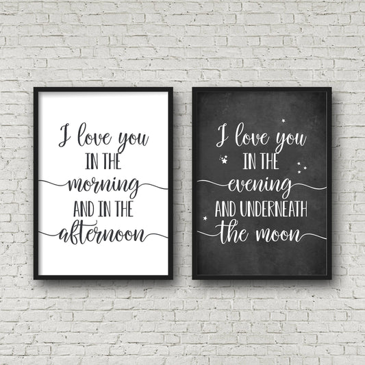 Set of 2, I Love You In The Morning & Afternoon, Nursery Prints, Kids Room Decor