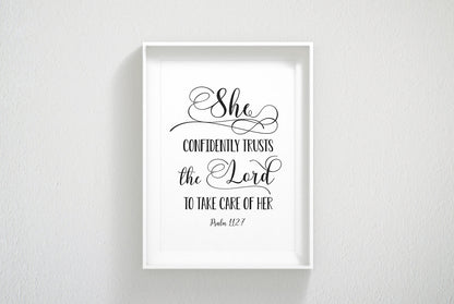 She Confidently Trusts The Lord, Psalm 112:7 Bible Verse Printable Wall Art,Nursery Bible Quotes