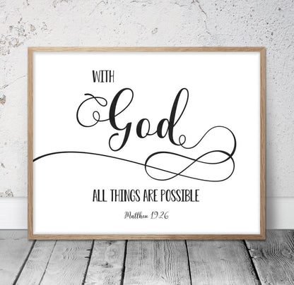 With God All Things Are Possible, Matthew 19:26, Bible Verse Print Wall Art, Nursery Bible Quotes