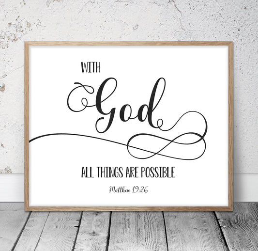 With God All Things Are Possible, Matthew 19:26, Bible Verse Print Wall Art, Nursery Bible Quotes