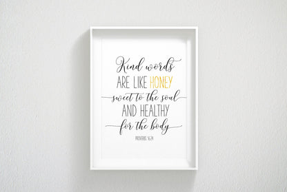 Kind Words Are Like Honey, Proverbs 16:24, Bible Verse Printable Wall Art,Nursery Wall Art