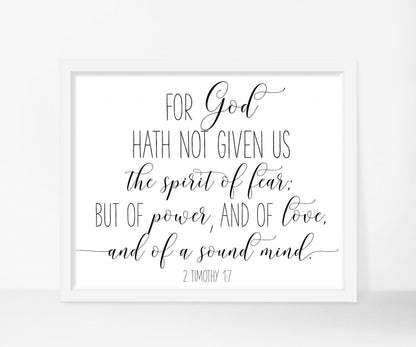 For God Hath Not Given Us, 2 Timothy 1:7, Bible Verse Printable Wall Art, Nursery Bible Quotes