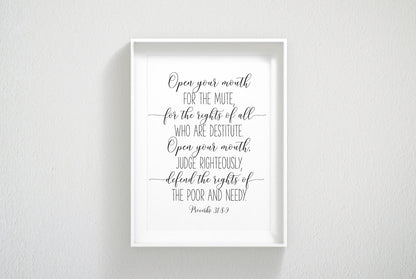 Open Your Mouth For The Mute, Proverbs 31:8-9, Bible Verse Print Wall Art,Nursery Bible Quotes