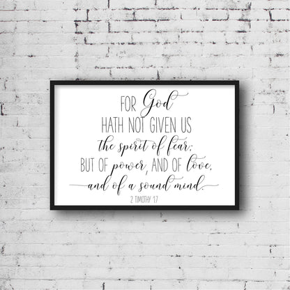 For God Hath Not Given Us, 2 Timothy 1:7, Bible Verse Printable Wall Art, Nursery Bible Quotes