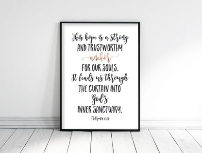 This Hope Is A Strong And Trustworthy Anchor, Hebrews 6:19, Bible Verse Printable Wall Art