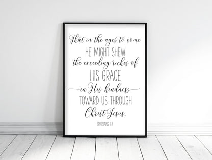 His Grace In His Kindness, Ephesians 2:7, Bible Verse Printable Wall Art, Nursery Bible Quotes