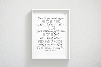 Strive For Piece For Everyone, Hebrews 12:14, Bible Verse Printable Wall Art,Nursery Bible Quotes