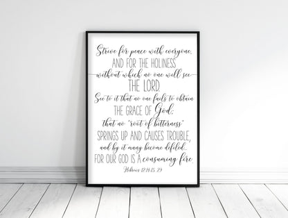 Strive For Piece For Everyone, Hebrews 12:14, Bible Verse Printable Wall Art,Nursery Bible Quotes