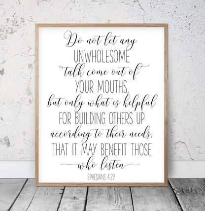 Do Not Tet Any Unwholesome Talk, Ephesians 4:29, Bible Verse Printable Wall Art, Nursery Decor
