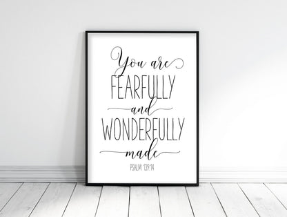 You Are Fearfully And Wonderfully Made, Psalm 139:14, Bible Verse Print Room Art