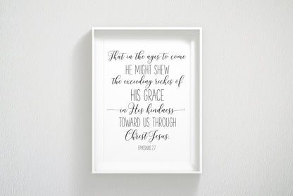 His Grace In His Kindness, Ephesians 2:7, Bible Verse Printable Wall Art, Nursery Bible Quotes