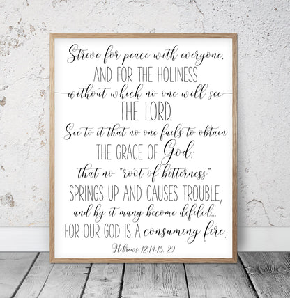 Strive For Piece For Everyone, Hebrews 12:14, Bible Verse Printable Wall Art,Nursery Bible Quotes