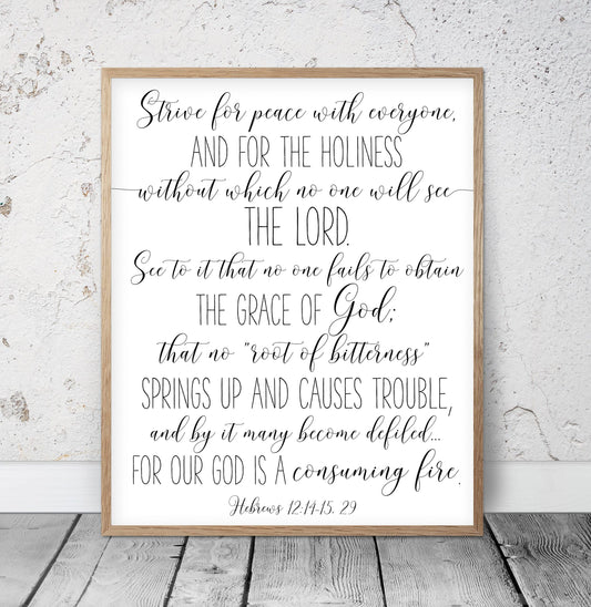 Strive For Piece For Everyone, Hebrews 12:14, Bible Verse Printable Wall Art,Nursery Bible Quotes