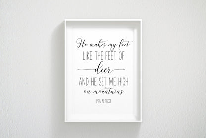 He Makes My Feet Like The Feet Of Deer,Psalm 18:33, Bible Verse Print Wall Art,Nursery Quotes
