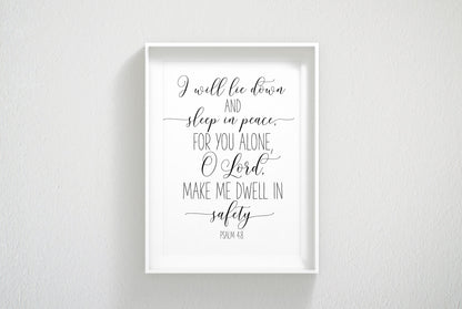 I Will Lie Down And Sleep In Piece, Psalm 4:8, Bible Verse Printable Wall Art,Nursery Bible Quotes