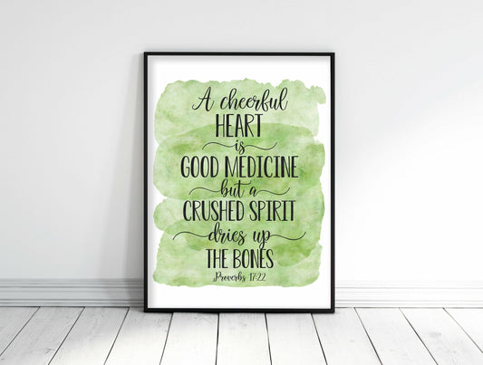A Cheerful Heart Is Good Medicine, Proverbs 17:22 Bible Verse Wall Art Print poster print wall art coastal decor