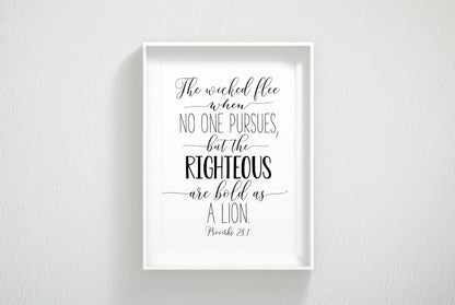 The Righteous are Bold as a Lion, Proverbs 28:1, Bible Verse Printable, Christian Gifts, Nursery Decor