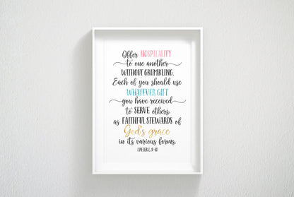 Offer Hospitality To One Another, 1 Peter 4:9-10, Bible Verse Printable, Nursery Decor