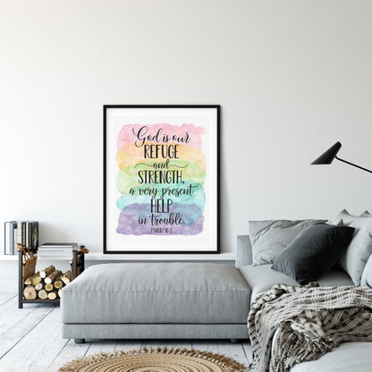 God Is Our Refuge And Strength, Psalm 46:1, Catholic Prayer, Bible Verse Printable Nursery Decor