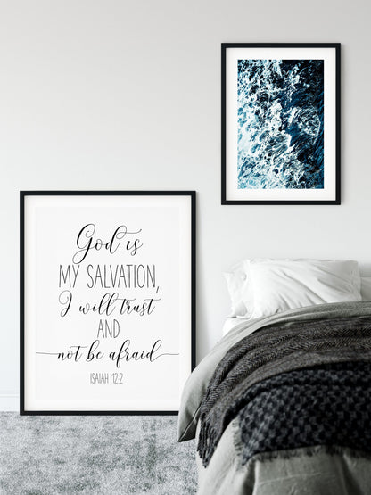 God Is My Salvation I Will Trust, Isaiah 12:2, Bible Verse Printable Wall Art, Christian Gifts, Kids Decor