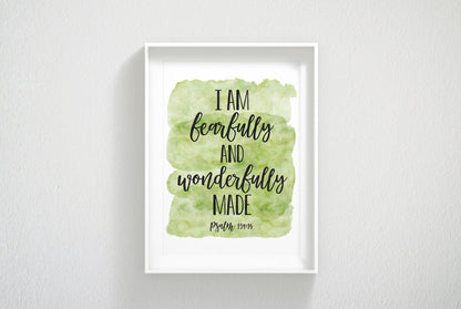 I Am Fearfully And Wonderfully Made, Psalm 139:14, Printable Scripture Wall Art, Bible Verse Prints