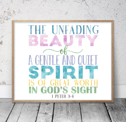 The Unfading Beauty Of A Gentle And Quiet Spirit, 1 Peter 3:4, Bible Verse Printable, Nursery Decor