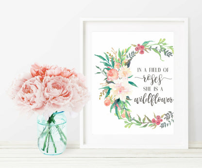 In A Field Of Roses She Is Wildflower, Printable Nursery Bedroom Wall Art Decor