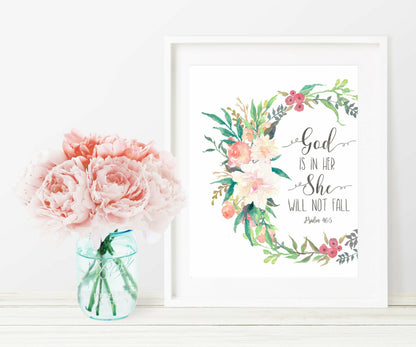 God Is In Her She Will Not Fall, Psalm 46:5,Nursery Bible Verse Print,Wall Art Decor