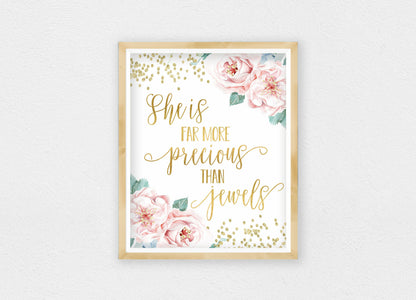 She Is More Precious Than Jewels Printable Nursery Wall Art, Gold Nursery Decor