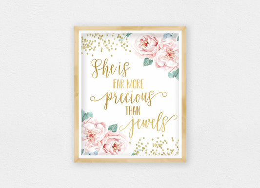 She Is More Precious Than Jewels Printable Nursery Wall Art, Gold Nursery Decor