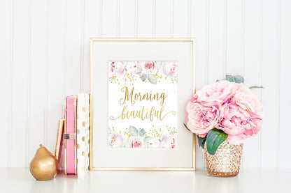 Morning Beautiful Printable Nursery Wall Art, Gold Nursery Room Decor Girl Quote