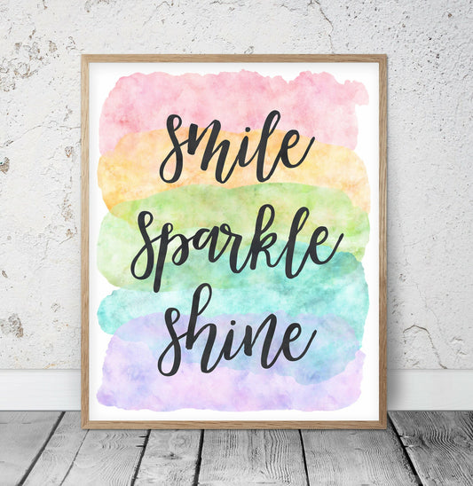 Smile Sparkle Shine,Nursery Print Wall Art,Inspirational Quotes,Motivational
