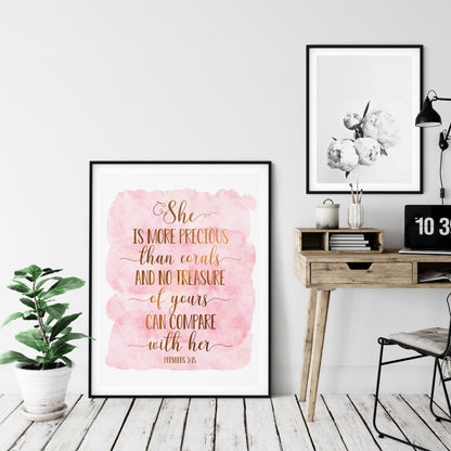 She Is More Precious Than Corals, Proverbs 3:15, Bible Verse Printable Wall Art,Nursery Decor Girl