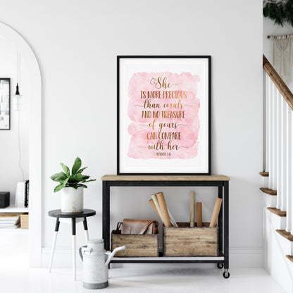 She Is More Precious Than Corals, Proverbs 3:15, Bible Verse Printable Wall Art,Nursery Decor Girl