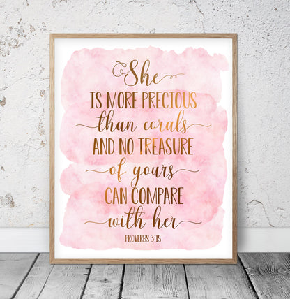 She Is More Precious Than Corals, Proverbs 3:15, Bible Verse Printable Wall Art,Nursery Decor Girl