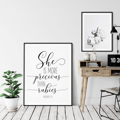 She Is More Precious Than Rubies, Proverbs 3:15, Bible Verse Printable Wall Art,Nursery Bible Quotes