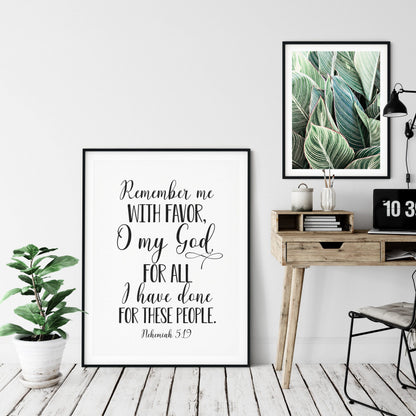 Remember Me With Favor O My God, Nehemiah 5:19, Printable Bible Verses, Scripture Wall Art