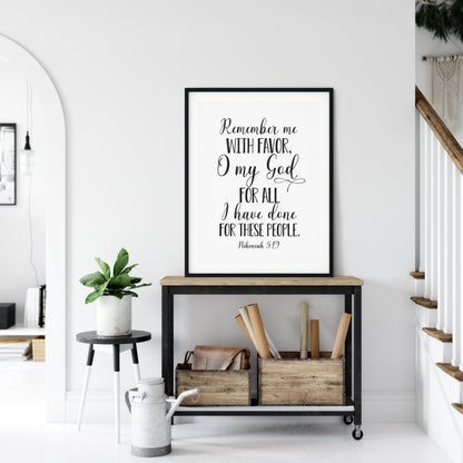 Remember Me With Favor O My God, Nehemiah 5:19, Printable Bible Verses, Scripture Wall Art