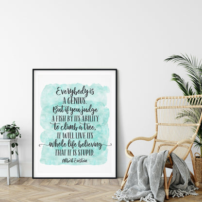 Everybody Is A Genius,Agert Einstein Quote,Room Decor Wall Art Print Quotes