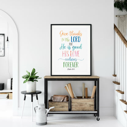 Give Thanks To The Lord, Psalm 107:1, Catholic Prayer, Bible Verse Printable, Nursery Decor Room