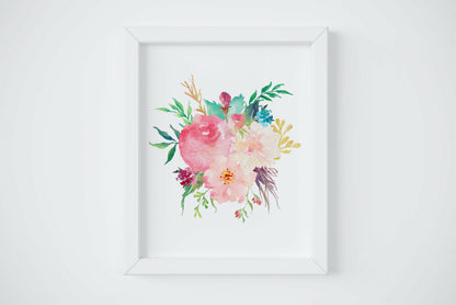 Pink Watercolor Flowers, Nursery Printable Wall Art, Pink Peony Bouquet Decor